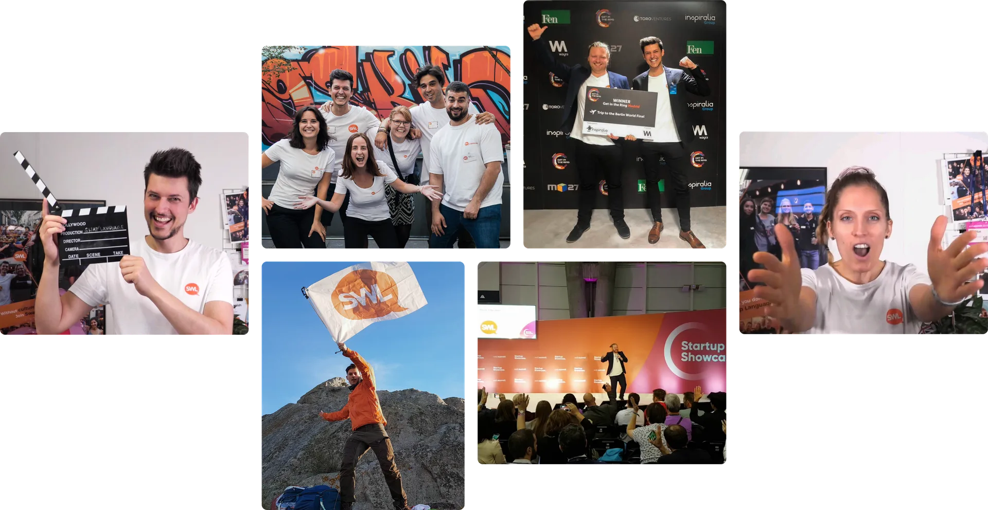 A collage of Swap Language moments: the team in branded T-shirts, a Swap Language flag raised on a mountain top, speaking on a Startup Showcase stage, and two founders holding the winner’s board from Get in the Ring Madrid