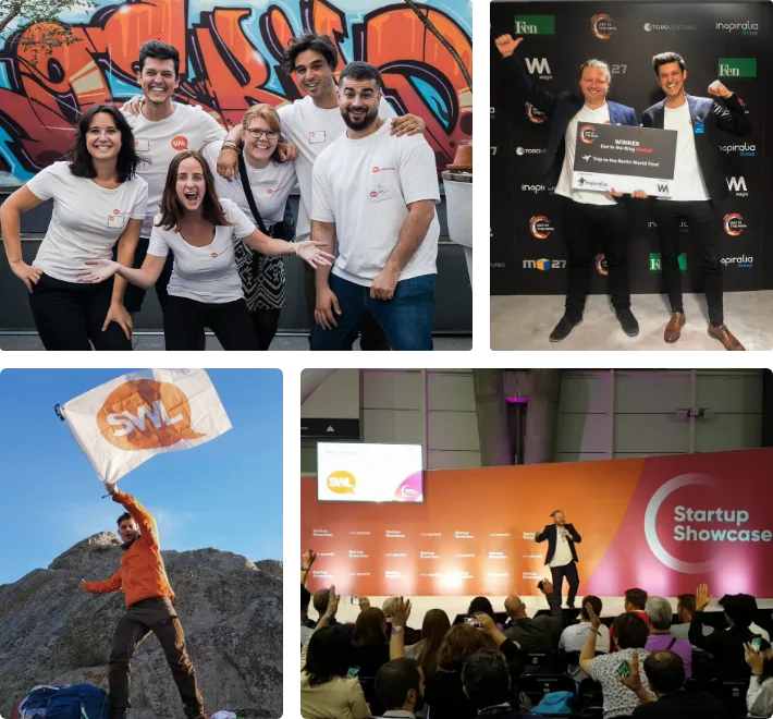 A collage of Swap Language moments: the team in branded T-shirts, a Swap Language flag raised on a mountain top, speaking on a Startup Showcase stage, and two founders holding the winner’s board from Get in the Ring Madrid